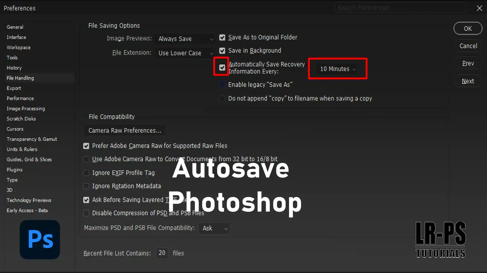 Autosave settings in Photoshop preferences