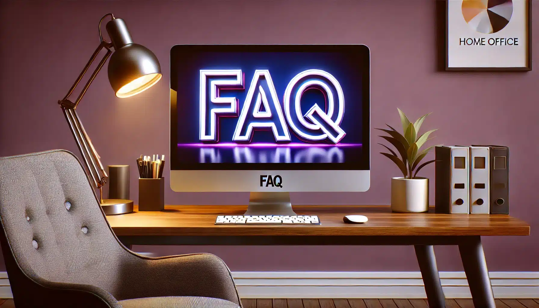 A modern desktop PC on a desk in a home office setting with a purple background and white floor. The screen of the PC displays the word 'FAQ' in big, bold letters.