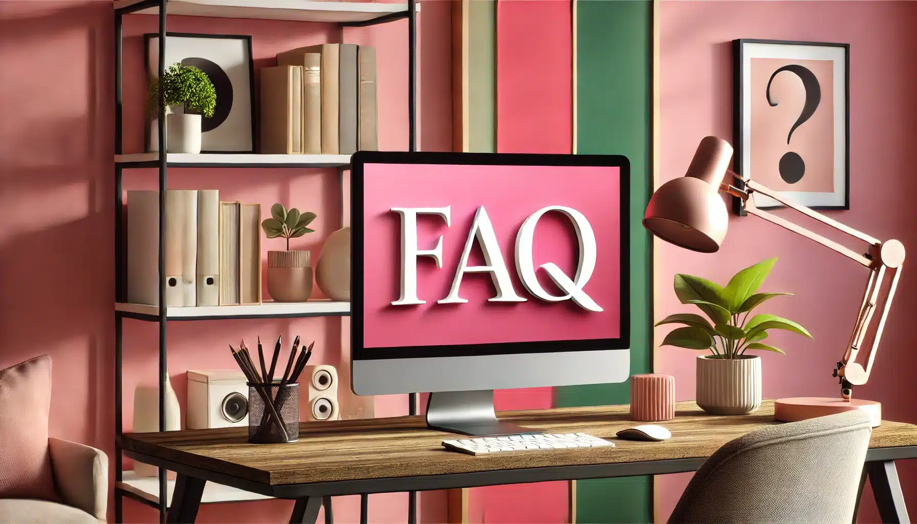 Modern desktop computer displaying the word "FAQ" in a stylish home office.