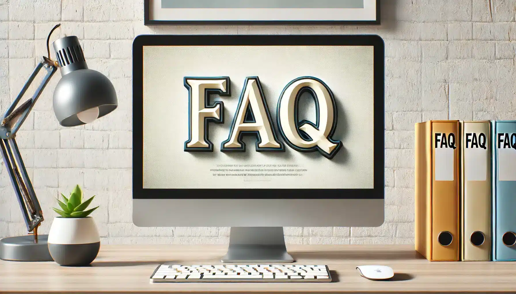 Computer screen displaying FAQ in a modern office setting.