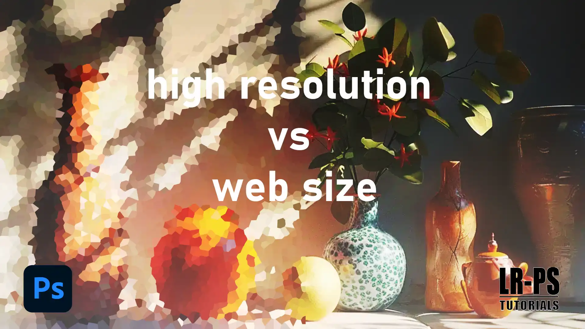 A digital image comparing high resolution versus web size. The left side of the image is pixelated, representing low resolution, while the right side is clear, depicting high resolution.