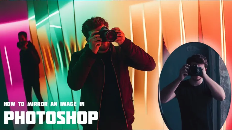 A person holding a camera in front of a looking glass with vibrant colors reflecting, demonstrating reflecting a photo in Ps for creative effects