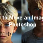 Blonde boy's image being moved in Photoshop, illustrating how to move an image in Photoshop