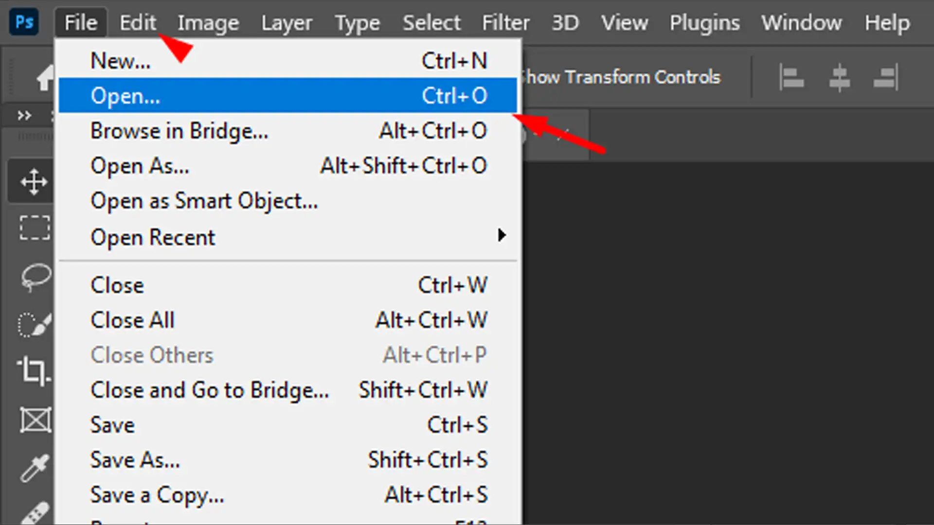 A screenshot of a computer interface showing the drop-down menu for the ‘File’ option in a software program, with several options like ‘New…’, ‘Open’, and ‘Close’ listed, each with their keyboard shortcuts.