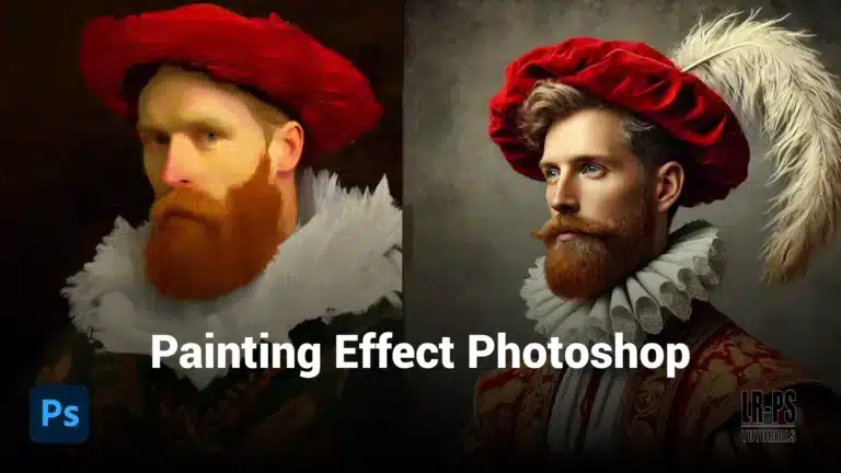 Portrait of a man in a historical outfit with a red hat and feather, demonstrating a Photoshop painting effect. The left side of the image is painted in Van Gogh's style with bold, expressive brush strokes, while the right side remains a realistic photo.