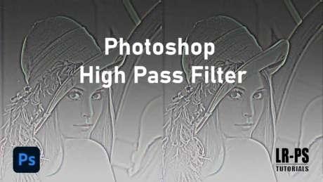 A graphic with text overlay that reads “Photoshop High Pass Filter” with the last word obscured by two gray rectangular shapes. The background appears to be an embossed or filtered image of a person, but specific details are not clear due to the editing. Icons for Photoshop (Ps) and references to tutorials are also visible.