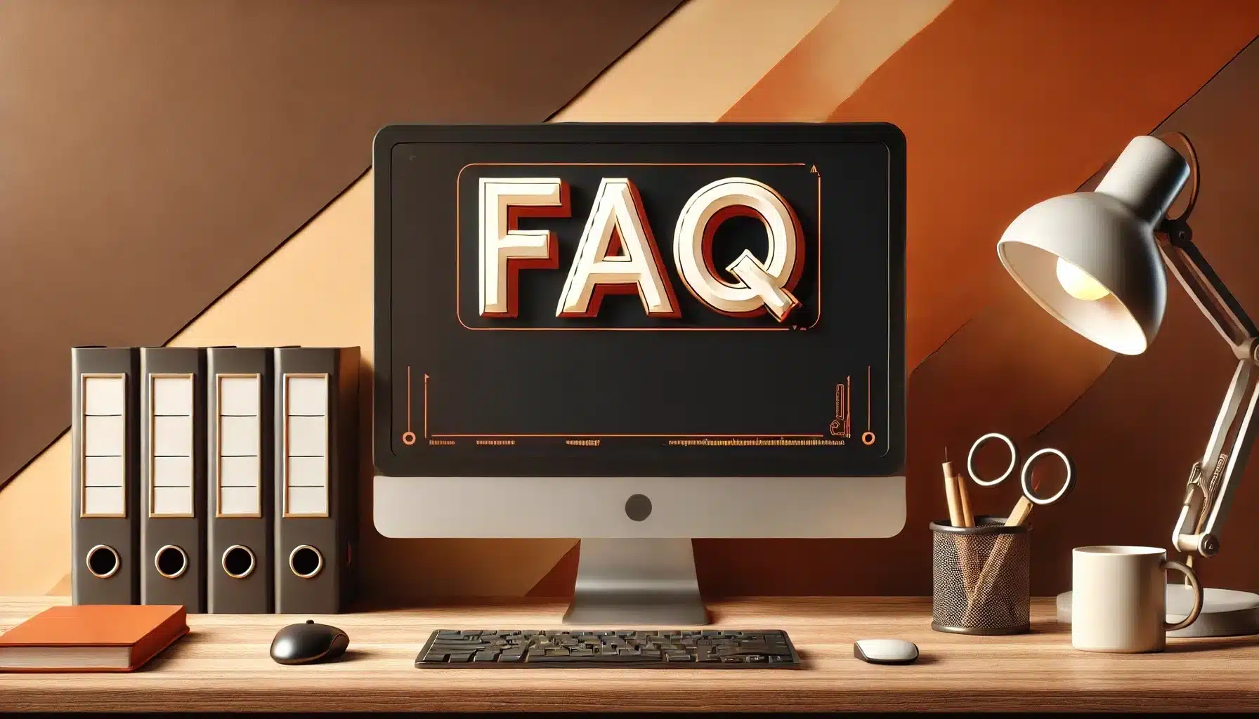 PC in a modern office setting with FAQ displayed on the screen