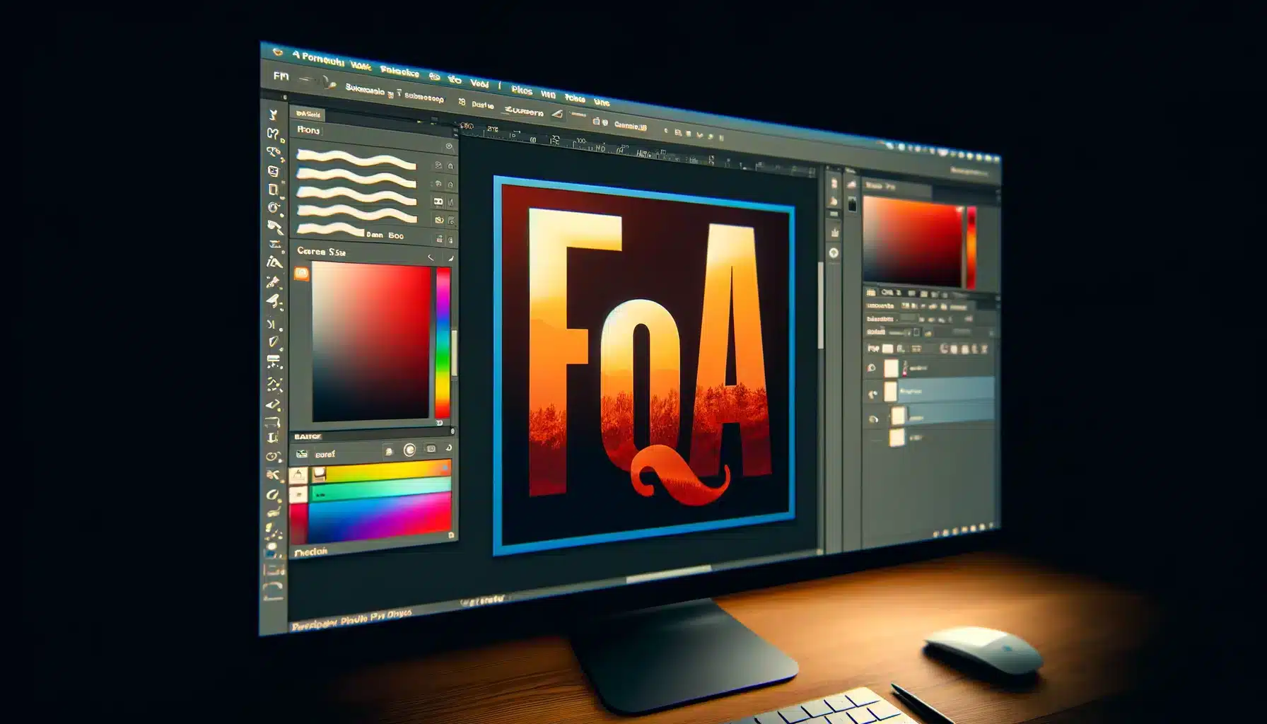 Photoshop interface showing the canvas resizing and color profiles dialog boxes with the letters "FQA" on the canvas, toolbar on the left, and layers panel on the right.