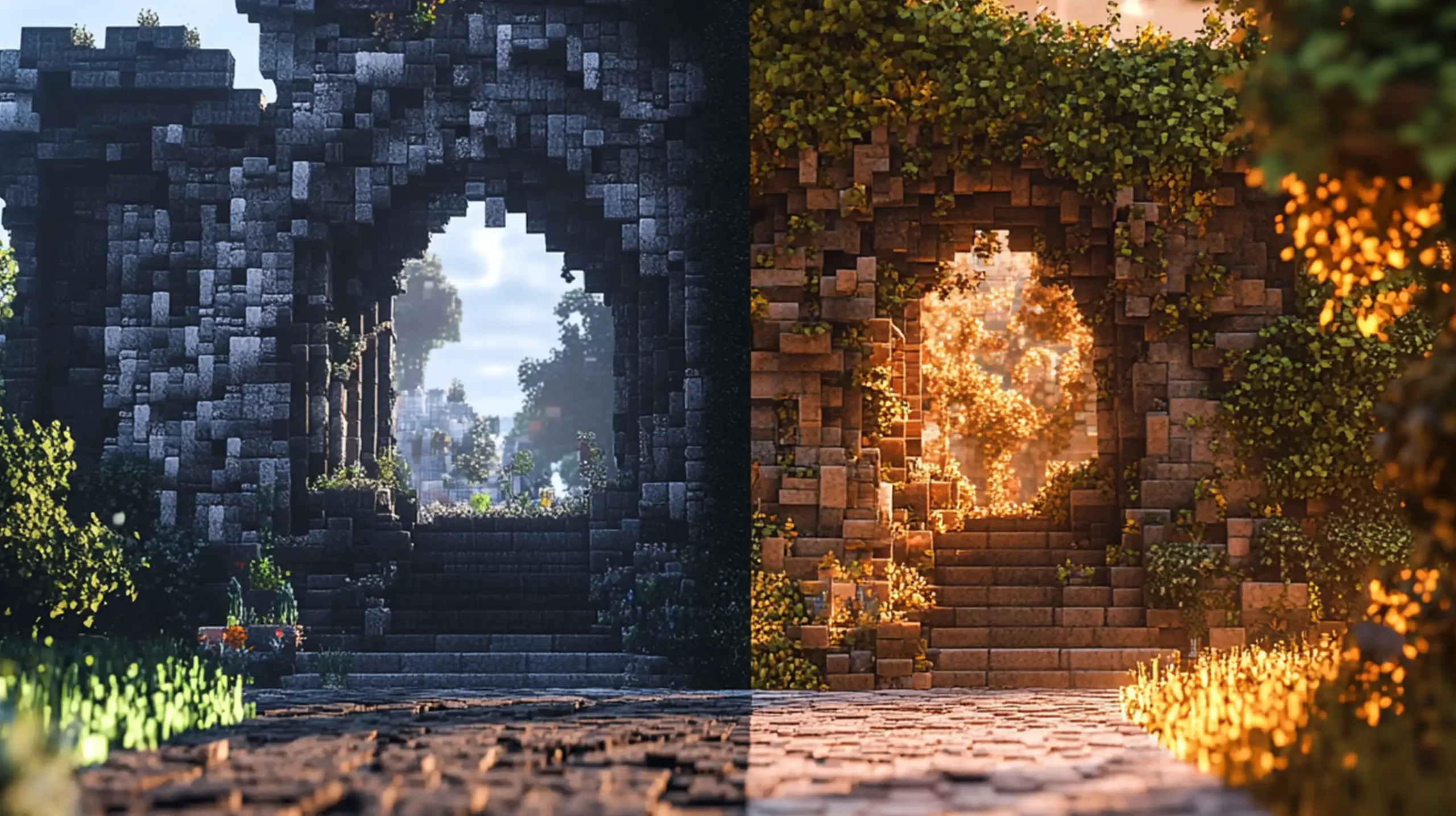 Comparison of architectural scenes in 16 bit color and 8 bit color showing the difference in color depth and detail