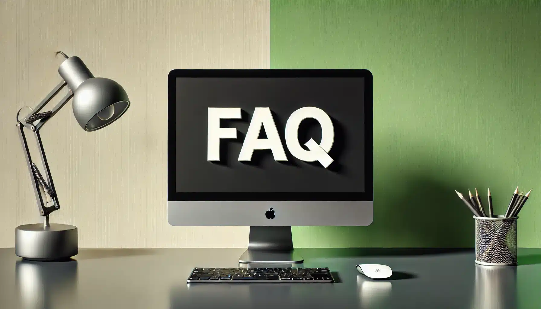 A modern desktop PC setup with a monitor displaying the word "FAQ" in large, bold letters, set against a background split between light green and dark green.