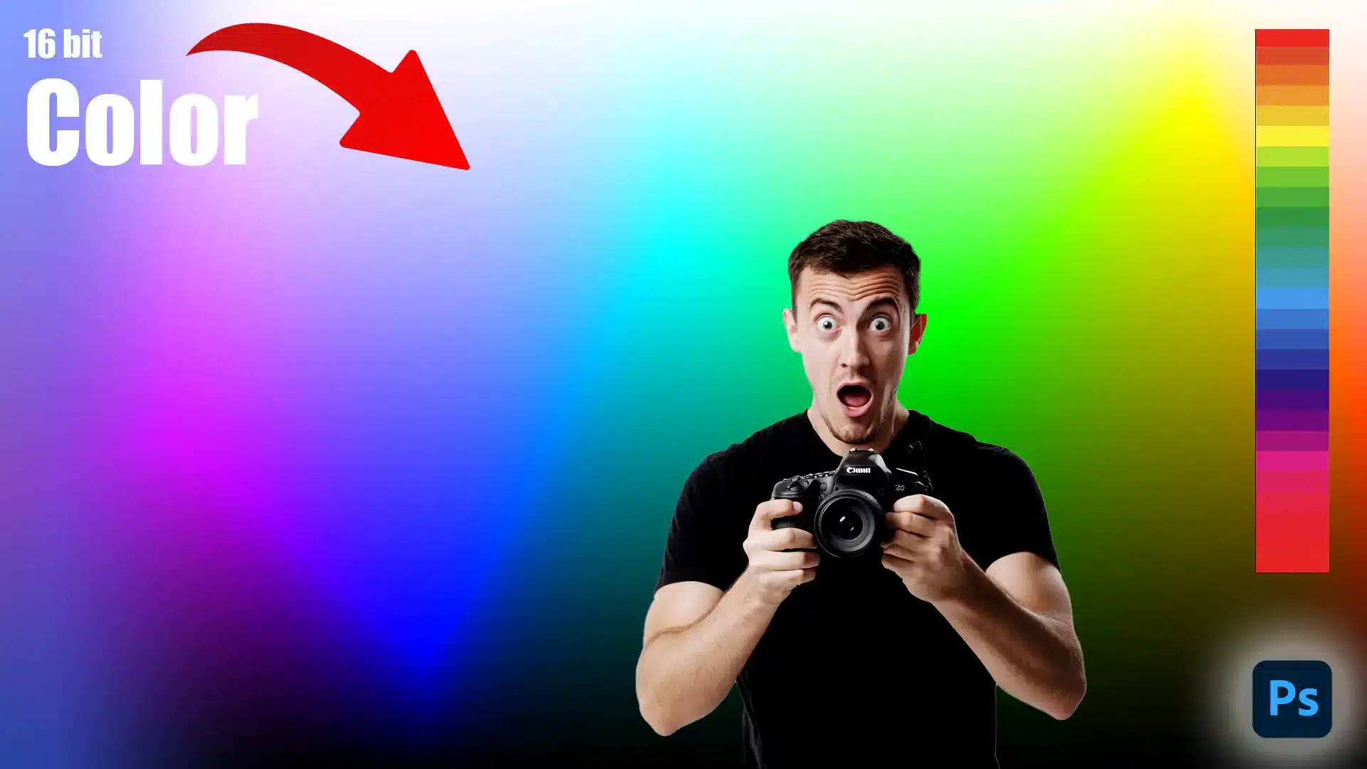 A surprised photographer holding a camera in front of a gradient background that showcases the vividness of 16-bit color depth. The image includes a color scale and a large red arrow pointing to the vibrant colors.