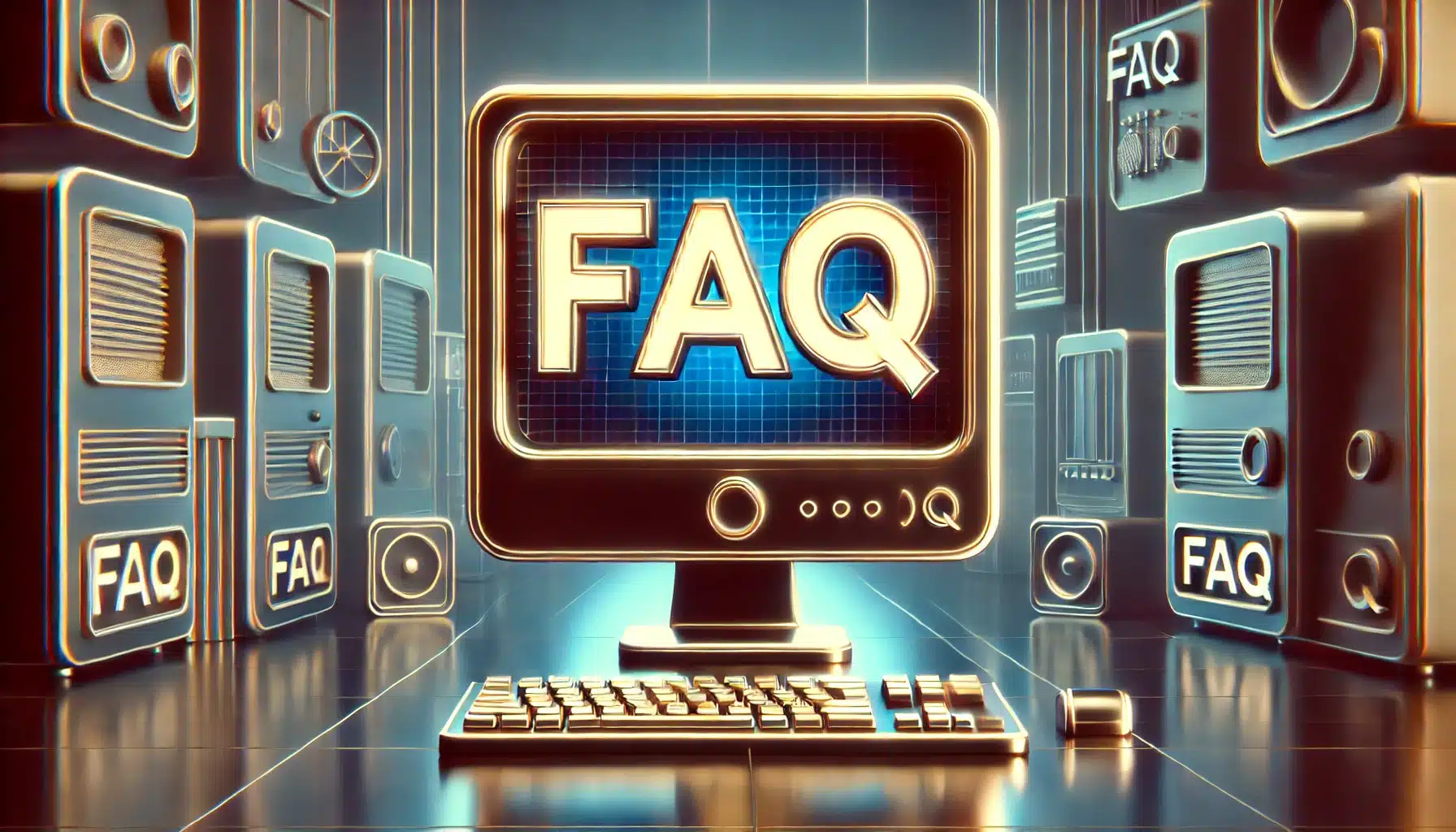 Retro-style computer displaying the text "FAQ" on the screen with multiple FAQ labels around it.
