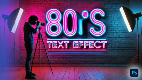 A photographer capturing an 80s-inspired neon text effect on a brick wall. The glowing pink and blue text reads "80's Text Effect" under vibrant studio lights, showcasing a retro aesthetic.