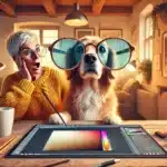 A playful and cozy photographer's workspace with a Photoshop interface humorously interacting with oversized glasses, capturing the joy of learning new skills.