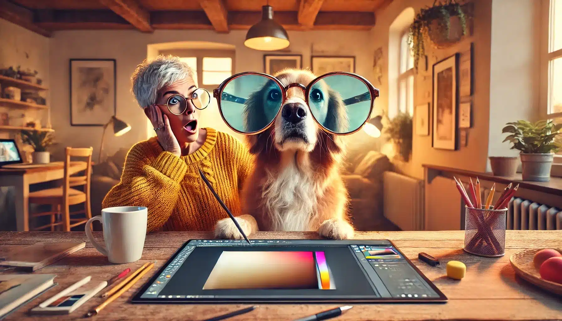 A playful and cozy photographer's workspace with a Photoshop interface humorously interacting with oversized glasses, capturing the joy of learning new skills.