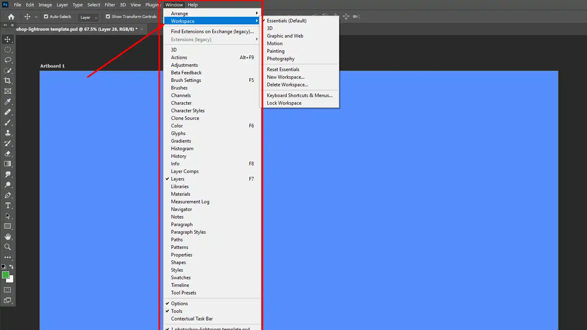 A screenshot of Adobe Photoshop interface with the ‘Window’ dropdown menu open, showing various panels like 3D, Actions, Adjustments, and others available for selection.