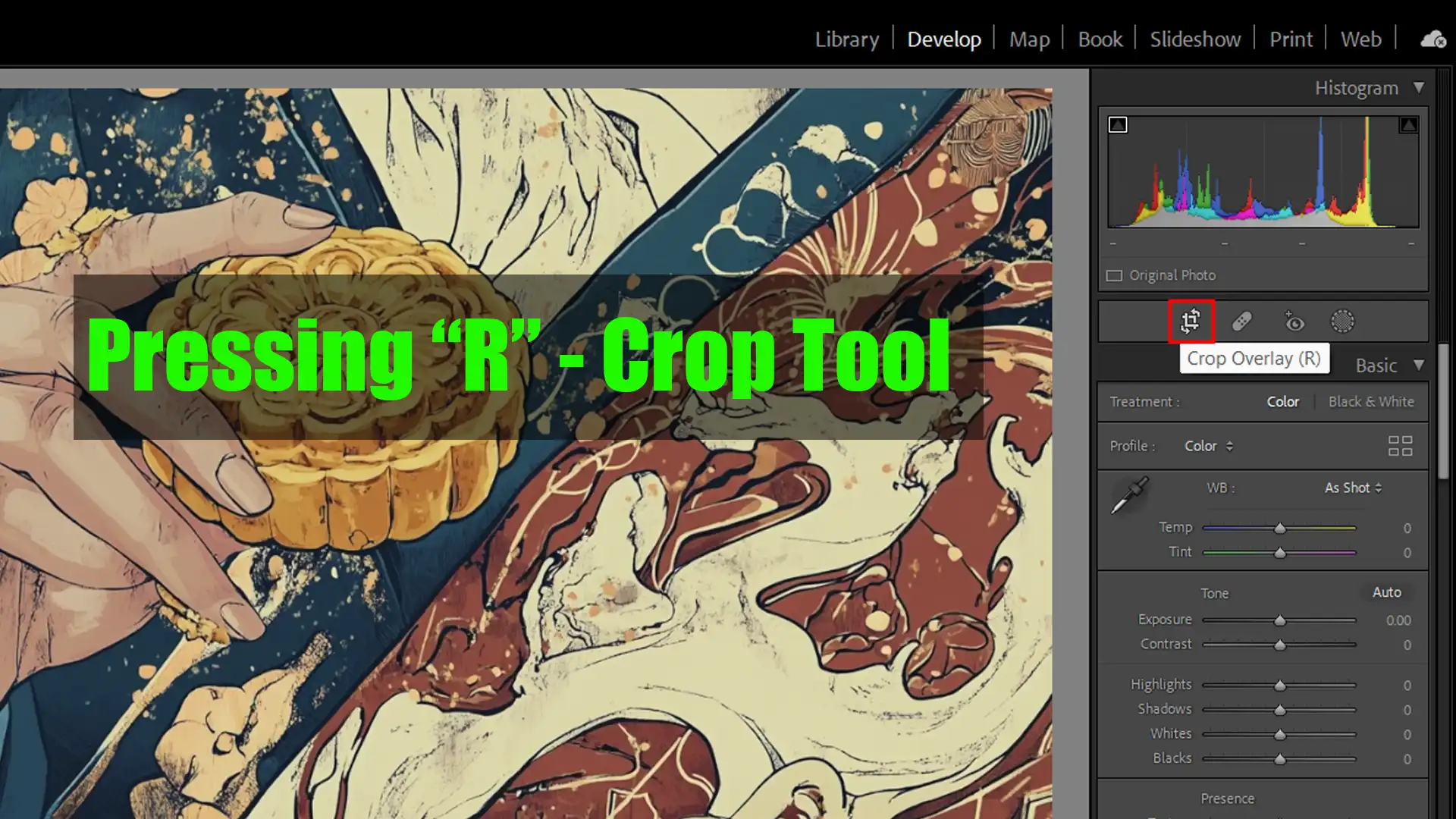 Activating the crop tool in Lightroom for composition.