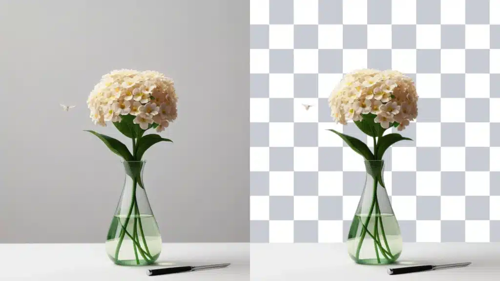 Before and after comparison of using selection tools in Adobe Photoshop to isolate a vase with flowers from its background.