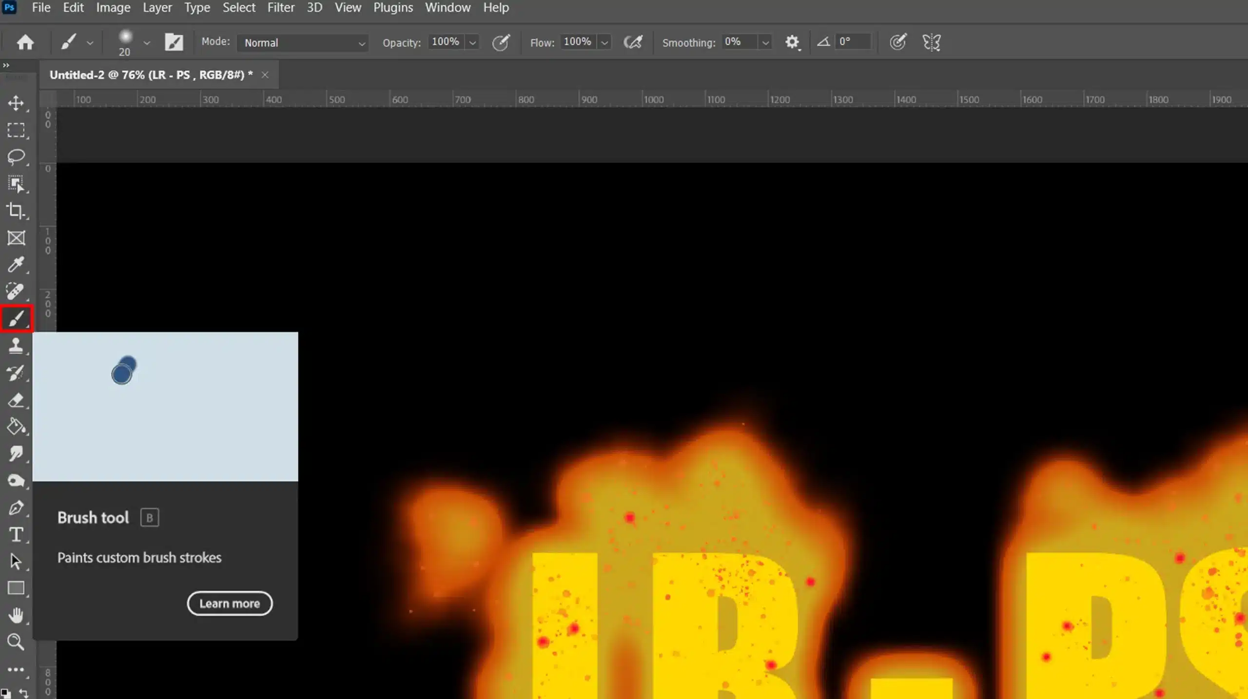 Photoshop interface showing the brush tool selected, with a tooltip displaying "Brush tool (B) - Paints custom brush strokes." Part of the design with flames and yellow text is visible.