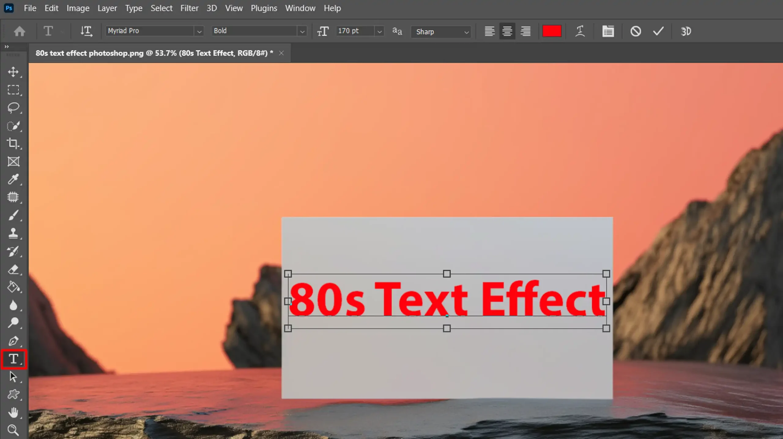 Photoshop workspace with the text tool selected, showing "80s Text Effect" in bold, red font on a white background