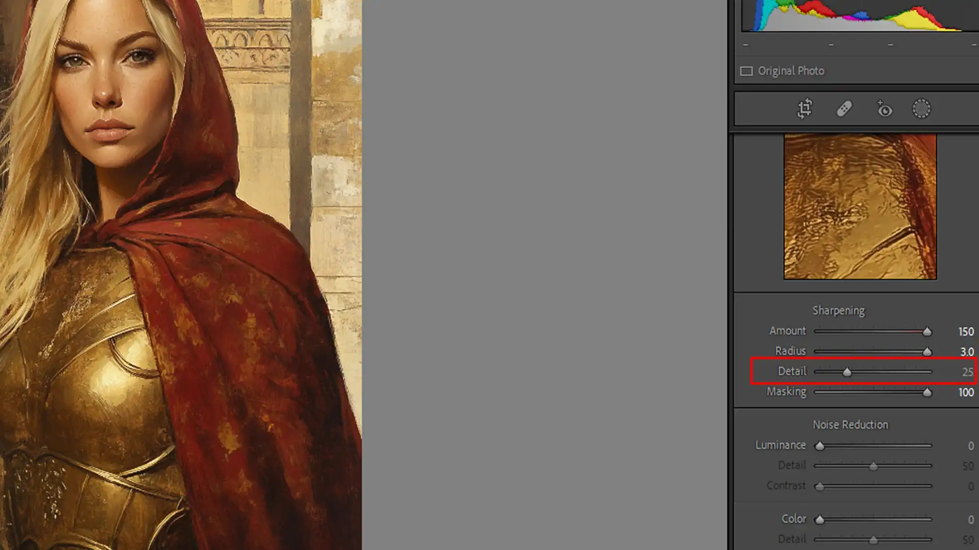 A detailed view of the sharpening adjustment panel in Lightroom, focusing on the "Detail" slider, with a photo of a woman in armor on the left. The settings allow users to refine the texture and edge details of the image.