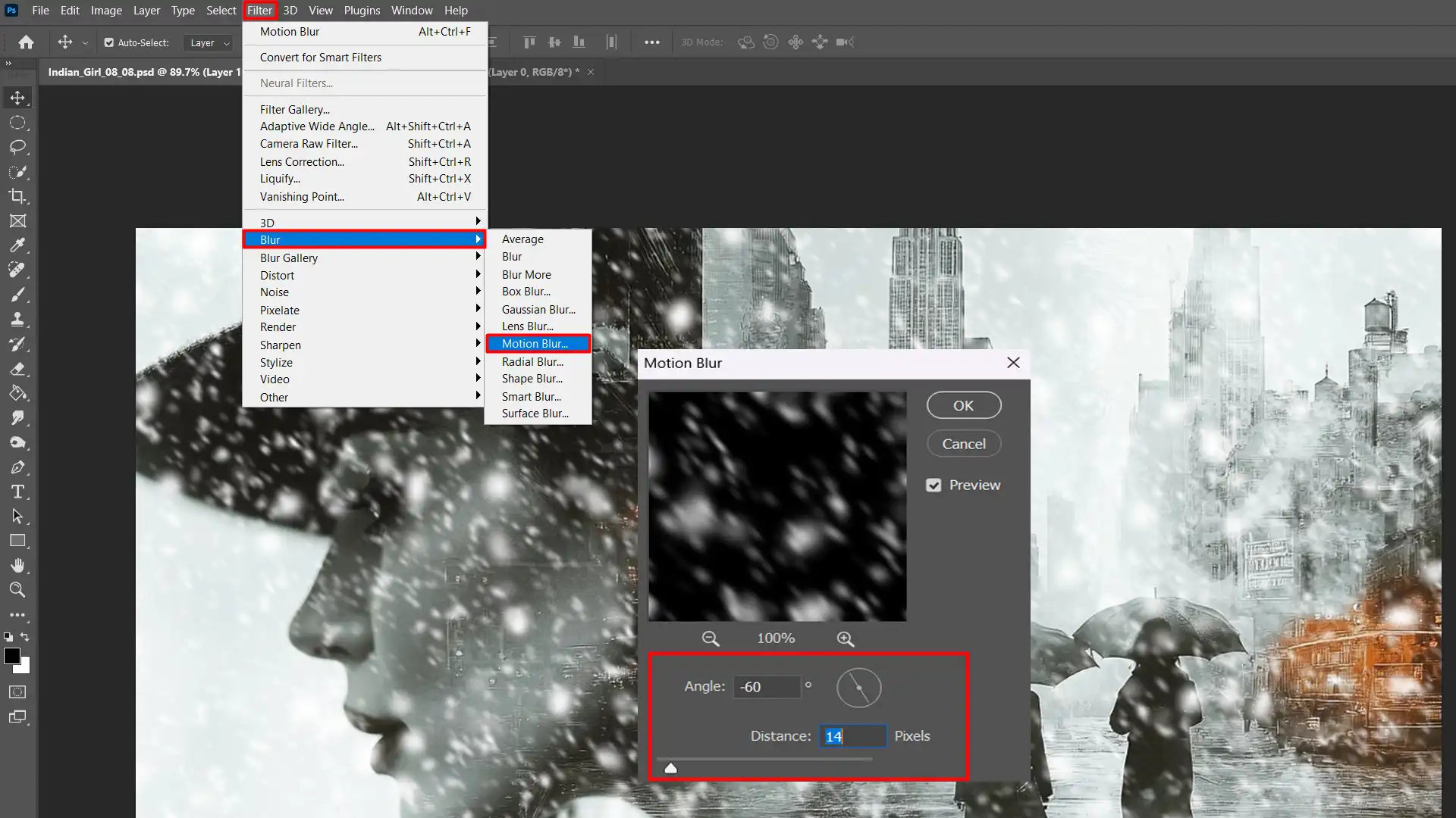 A screenshot of Photoshop with the Motion Blur filter applied to a snow overlay image, showing the filter settings.