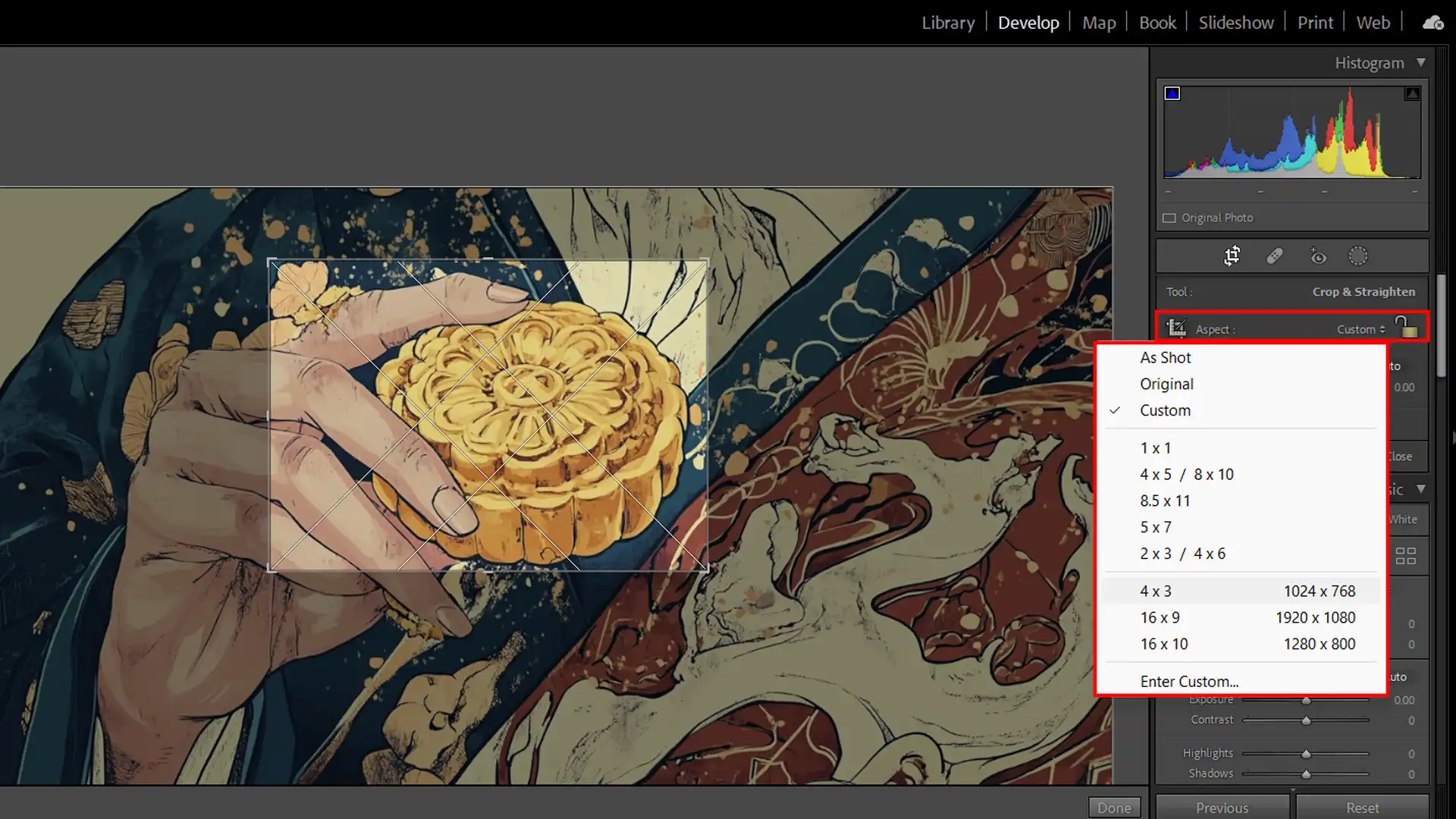 Custom aspect ratio selection in Lightroom.