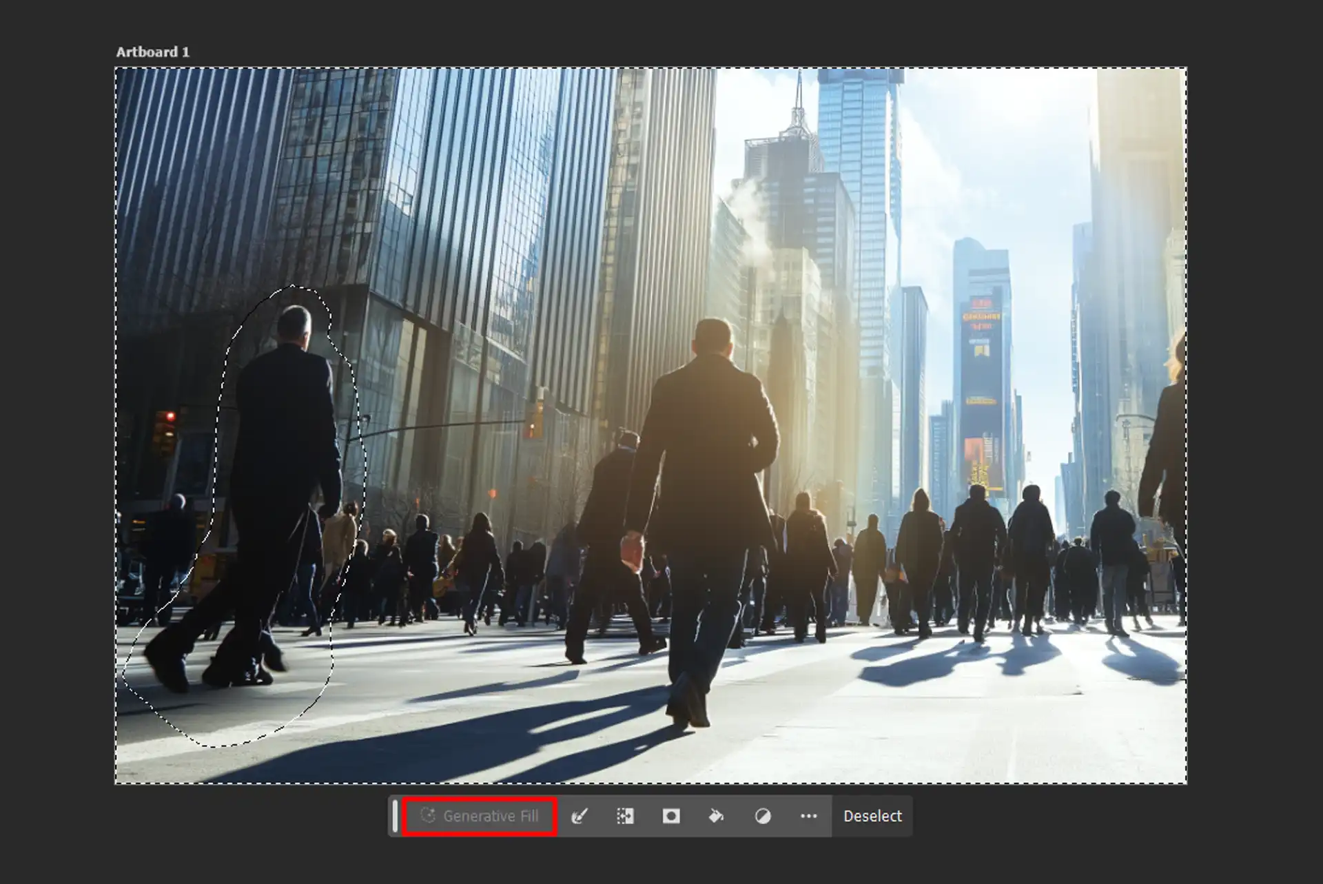 A Photoshop workspace showing a city street scene with a selected area on a figure using the Generative Fill tool to modify the image.