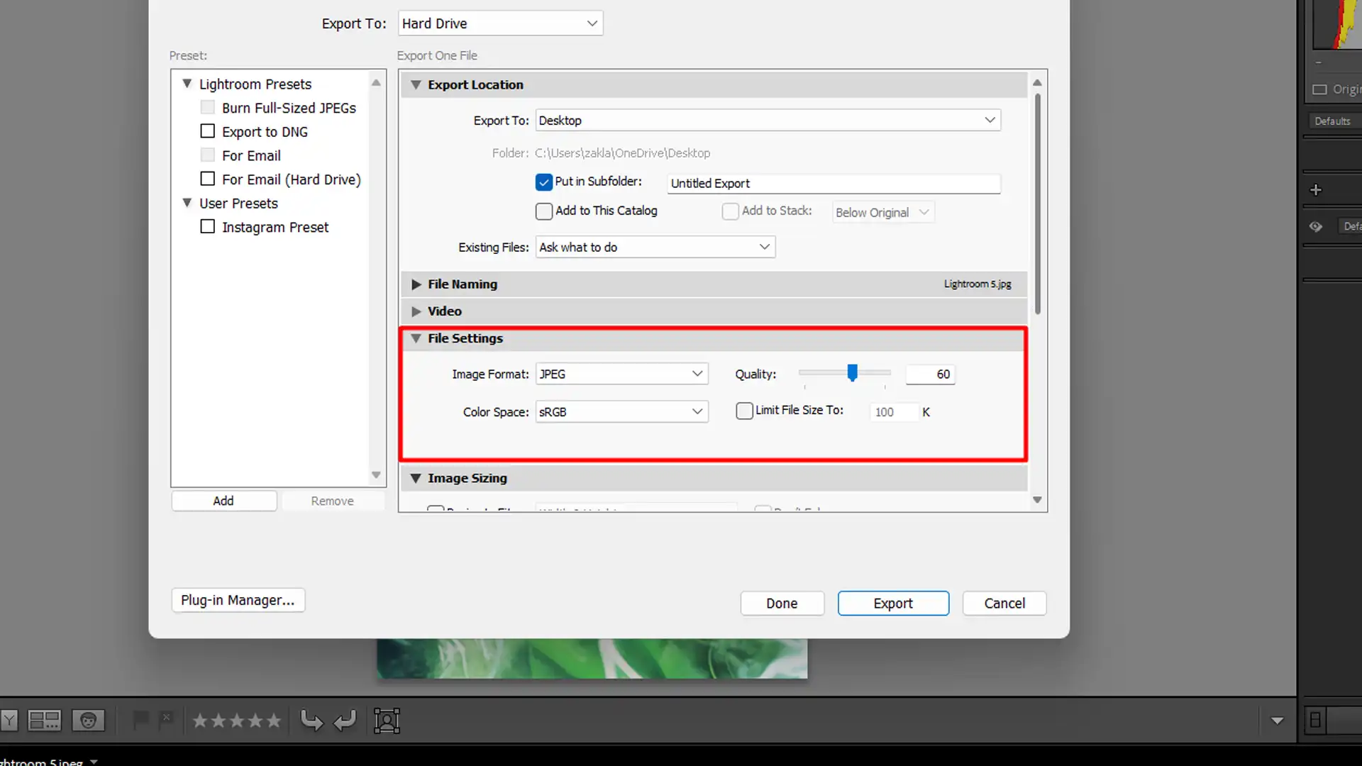 Lightroom export quality settings showing the balance between image quality and file size with an emphasis on quality slider set to 60.