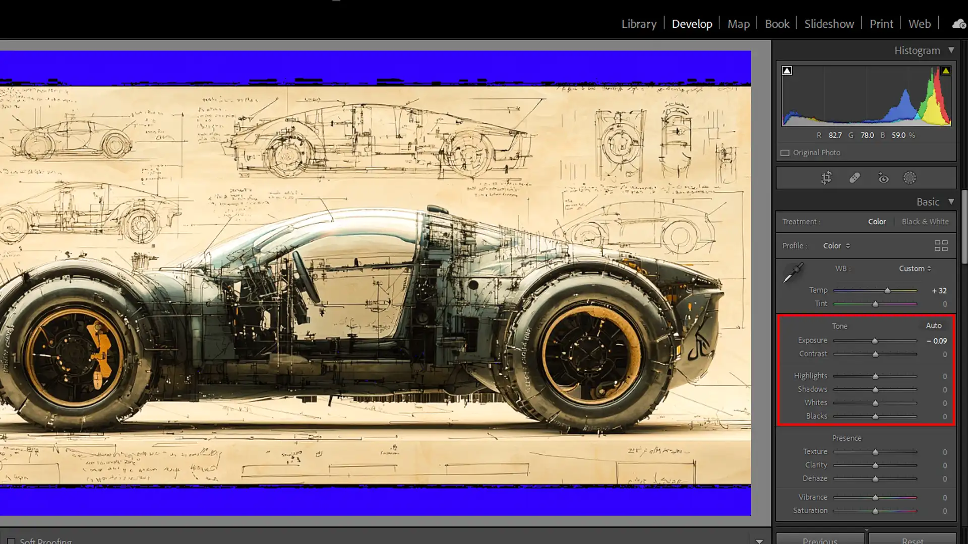 Lightroom's basic adjustments panel for editing photos, focusing on exposure and contrast settings.