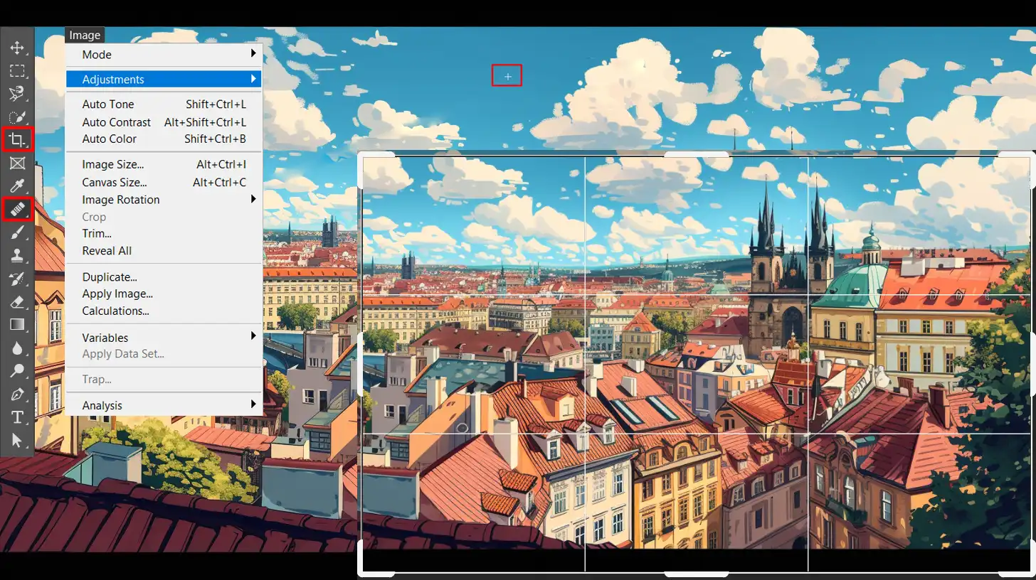 A screenshot of Photoshop's interface showing the Crop tool and Adjustments menu being accessed for basic image editing