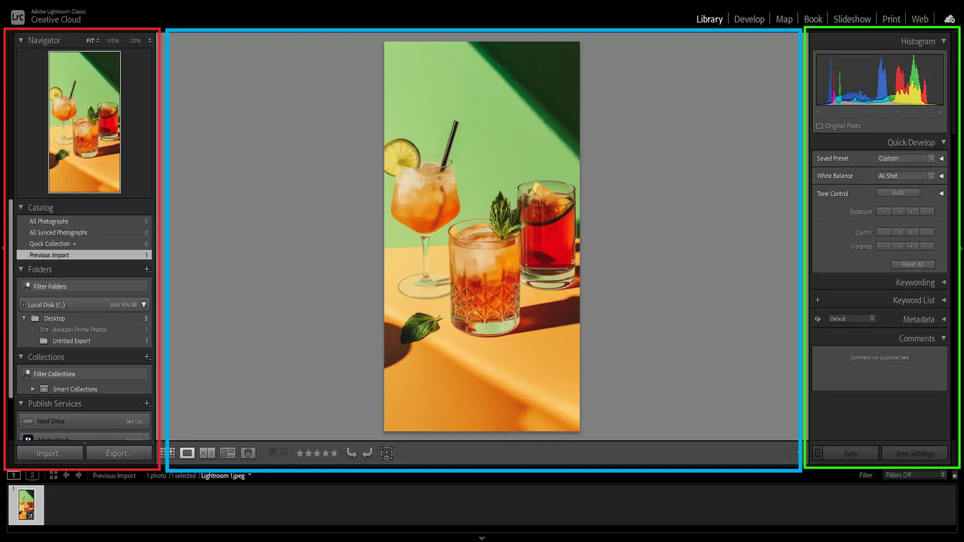 Lightroom workspace overview with the navigation panel, photo collection, and histogram visible.