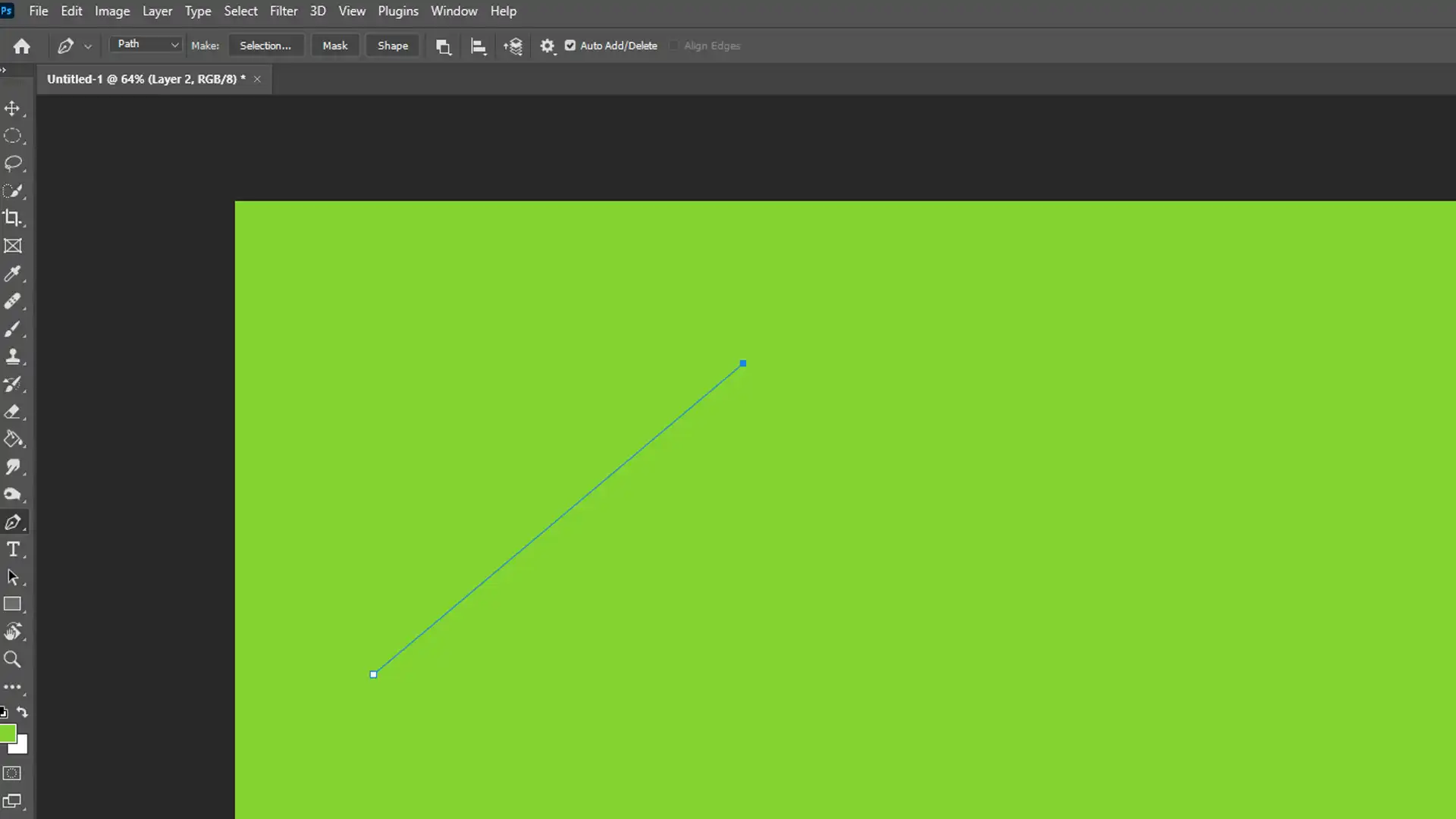 Screenshot showing a green canvas in Photoshop with the Pen Tool selected and a straight line being drawn.