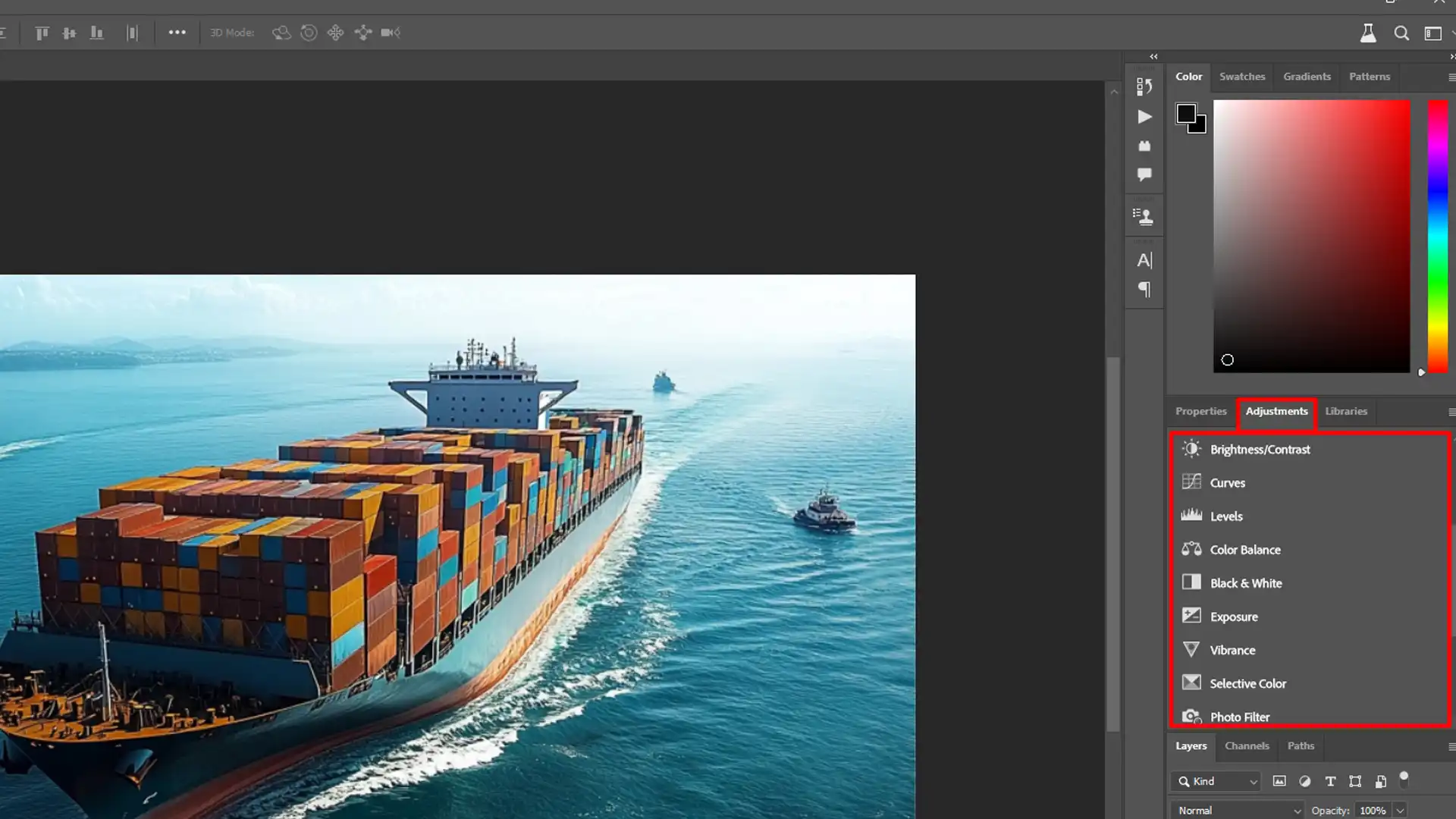 Basic Photoshop adjustments menu on the right-hand side, with a ship image being edited.