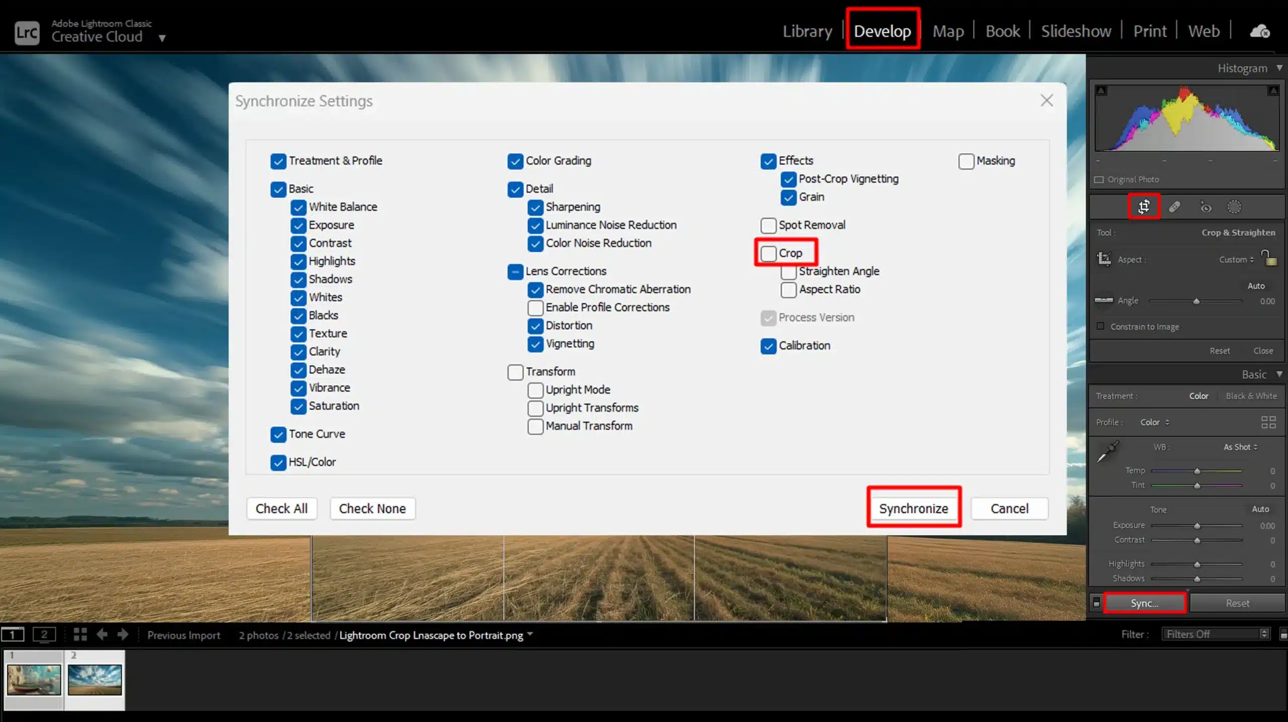 Synchronizing settings for batch cropping multiple photos in Lightroom