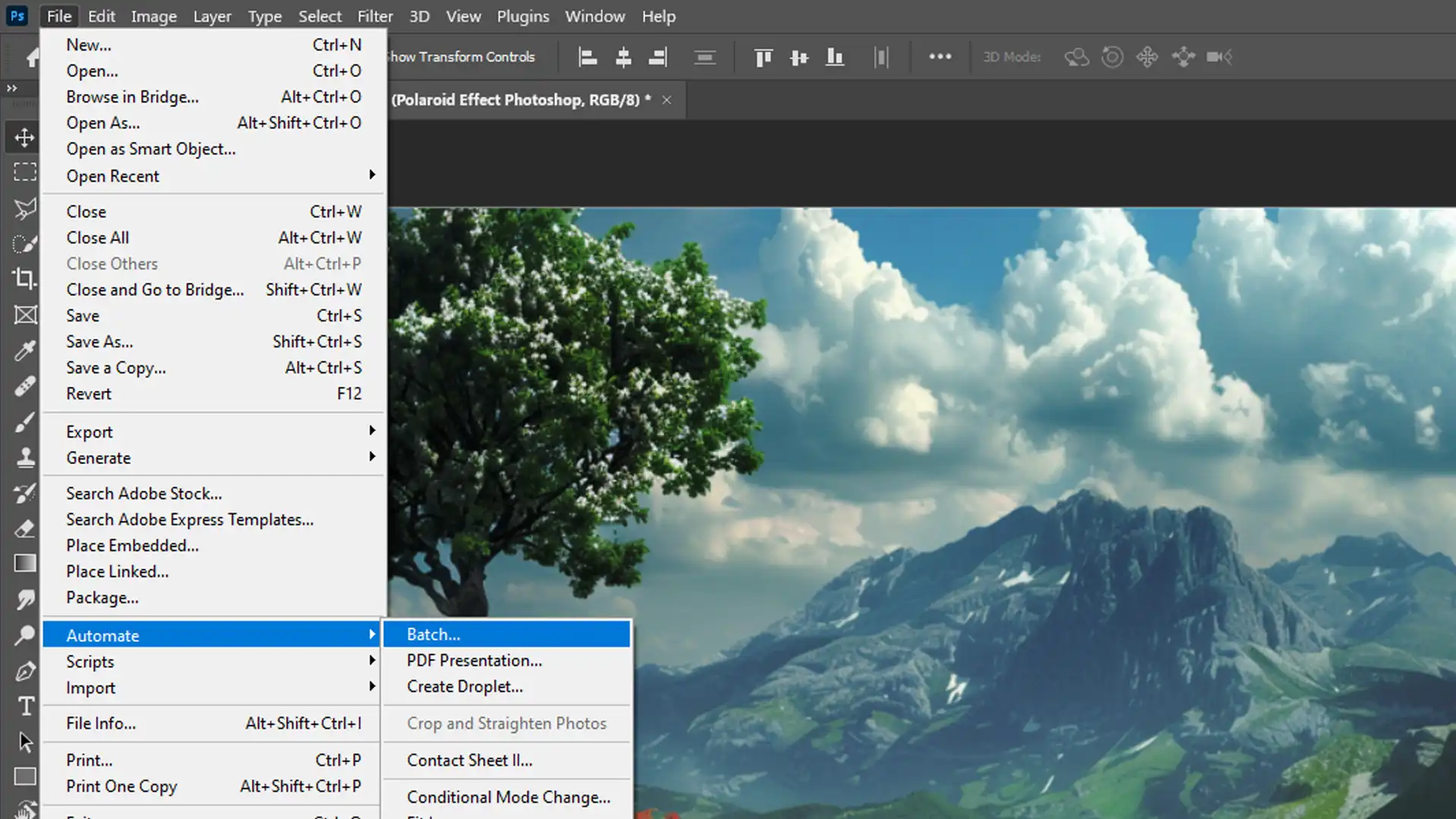 Photoshop window showing the 'File' menu open with the 'Automate' and 'Batch' options selected for batch processing.