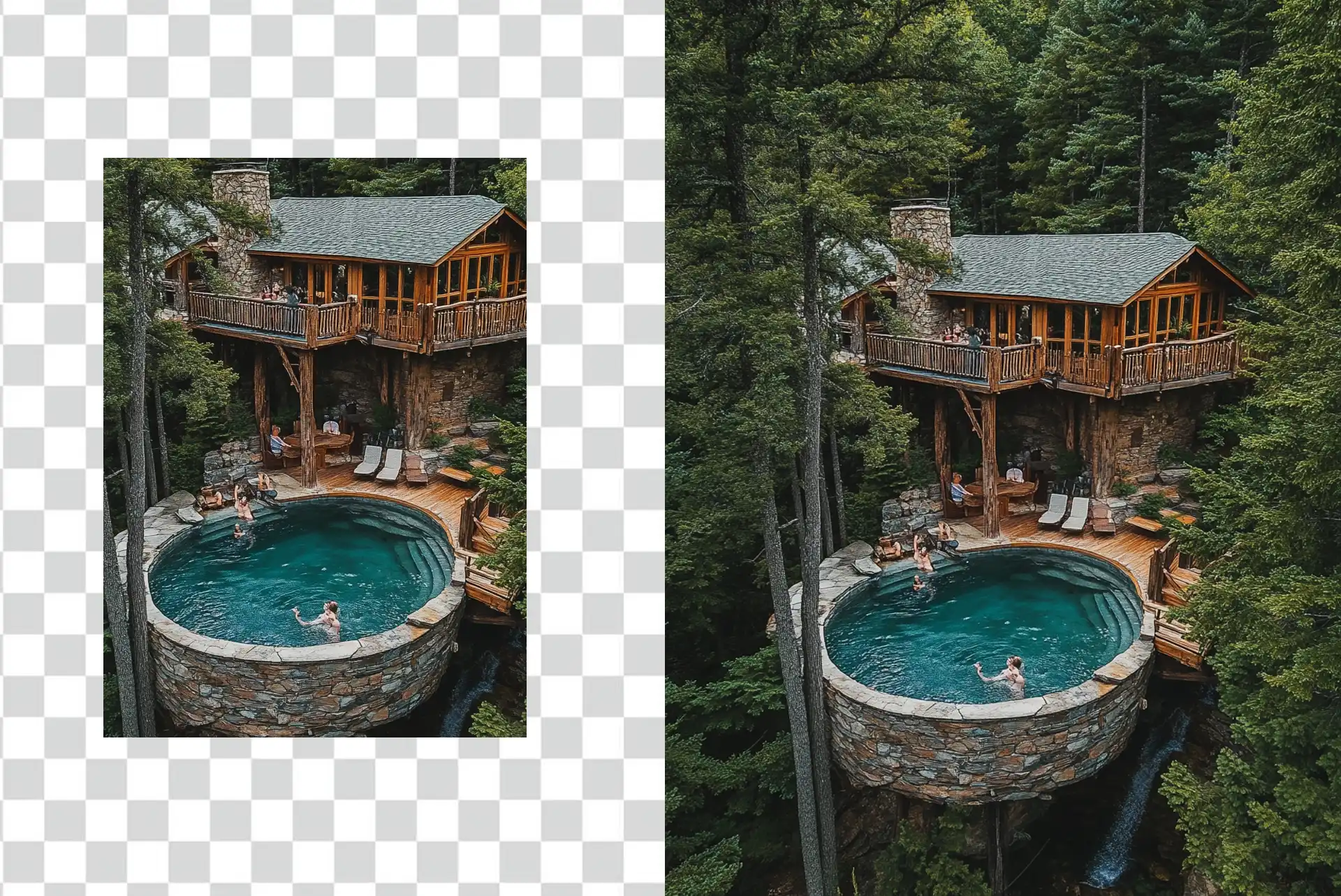 Before and after comparison of an image expanded using Photoshop's Generative Expand tool, showing a cabin in the woods with a circular swimming pool.