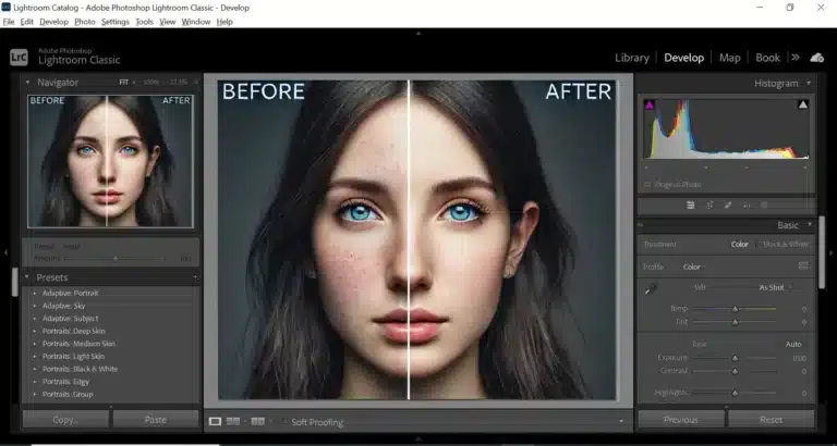 Adobe Lightroom interface showing a before and after comparison of a portrait to depict the How to Use Healing Brush in Lightroom. The left side shows the image with blemishes, while the right side shows a smooth and clear complexion after using the Healing Brush tool.