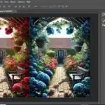 Photoshop interface showcasing the before and after effects of the Replace Color tool in Photoshop on a garden scene.