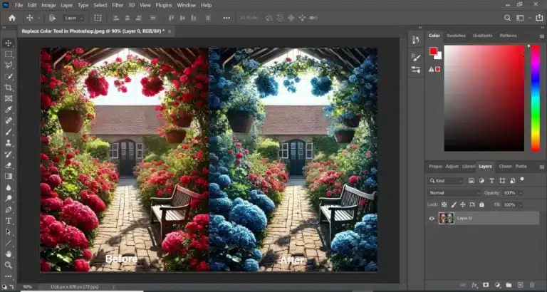 Photoshop interface showcasing the before and after effects of the Replace Color tool in Photoshop on a garden scene.