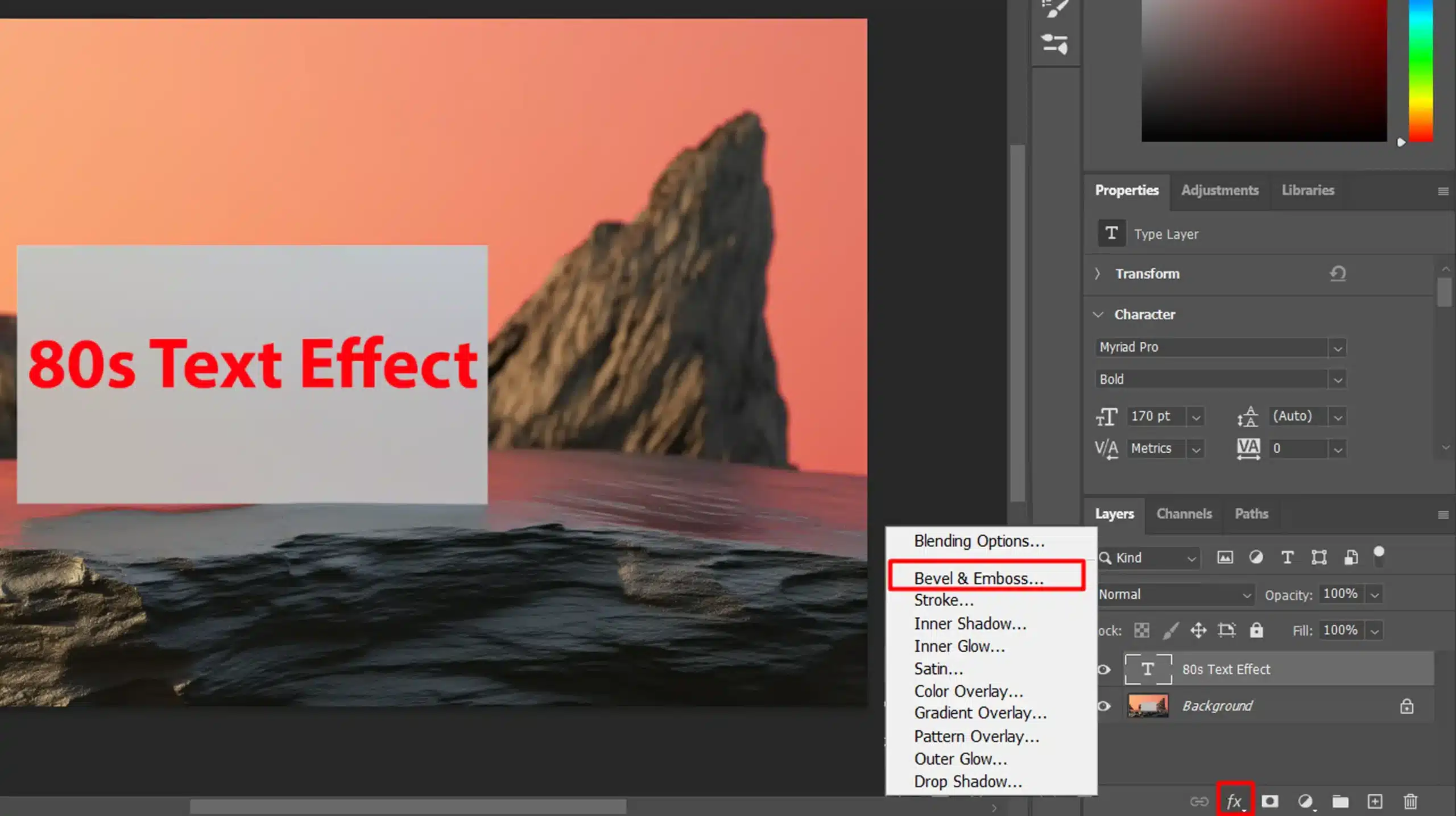 Photoshop interface showing the selection of "Bevel & Emboss" from the layer styles menu to apply effects to text