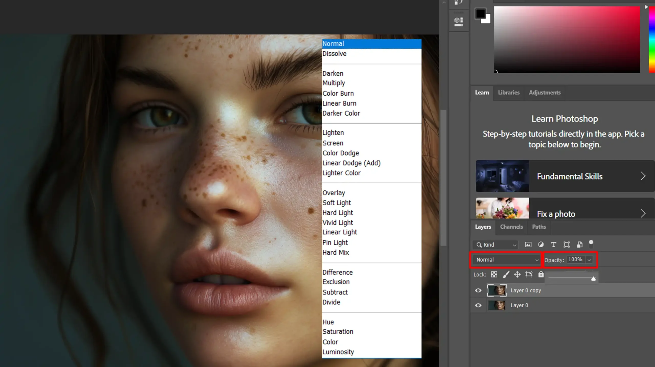 Photoshop interface showing blending mode options and opacity settings in the Layers Panel