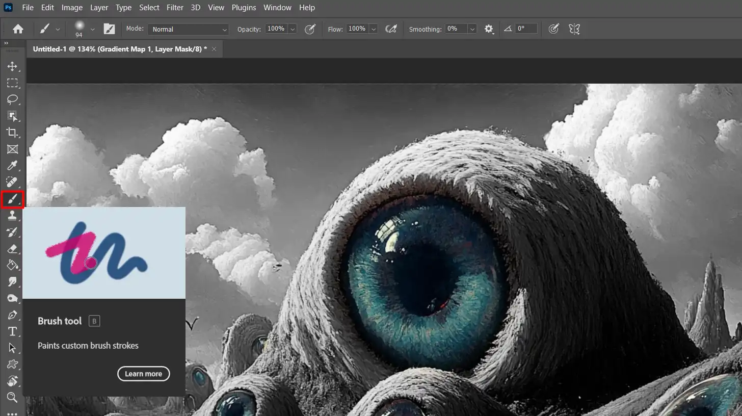 Photoshop workspace with a focus on using the brush tool and layer masks to bring back color in a black and white image.