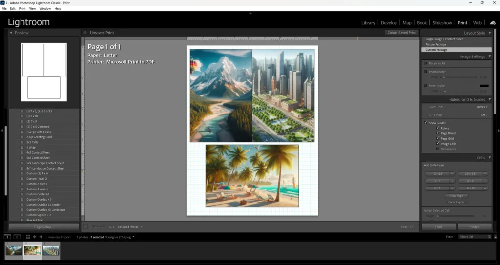 Lightroom Classic Print Module showing a custom collage layout with images of a mountain, cityscape, and tropical beach.