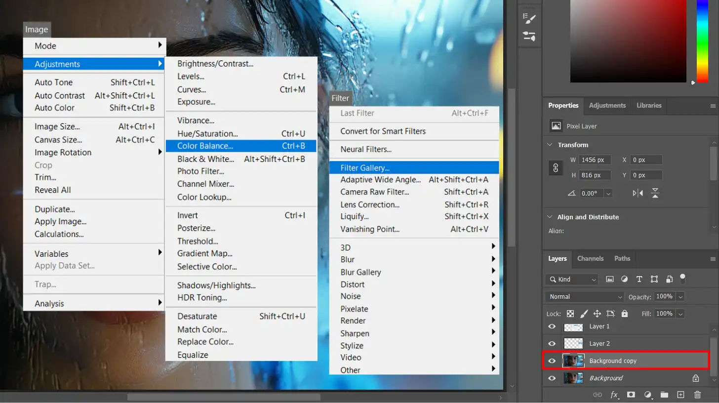 A screenshot of Photoshop's menu with the "Color Balance" and "Filter Gallery" options highlighted while working with a typography portrait guide