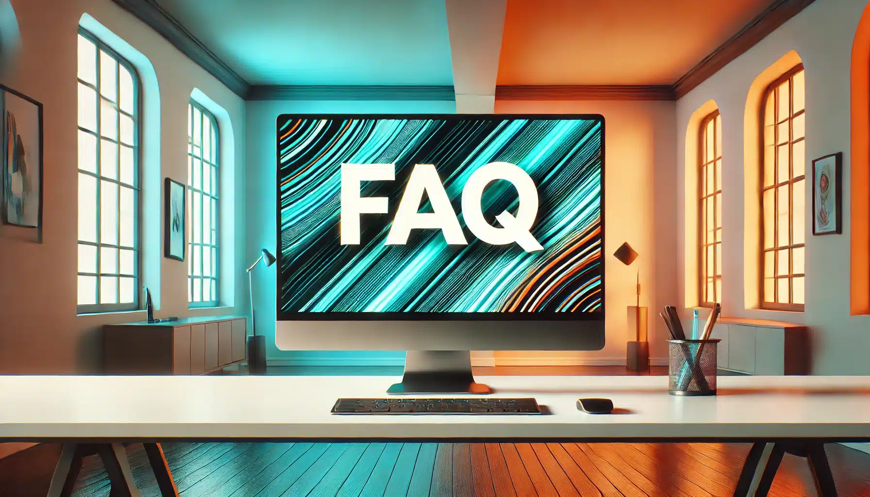 A computer monitor displaying "FAQ" in large letters, set against a gradient background of cyan and orange.