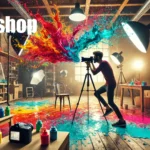 A photographer captures an explosion of colorful paint splashes in a studio setting. The vibrant colors-red, blue, and yellow-burst in mid-air, creating a dynamic and creative scene, showcasing color splashes in Photoshop.