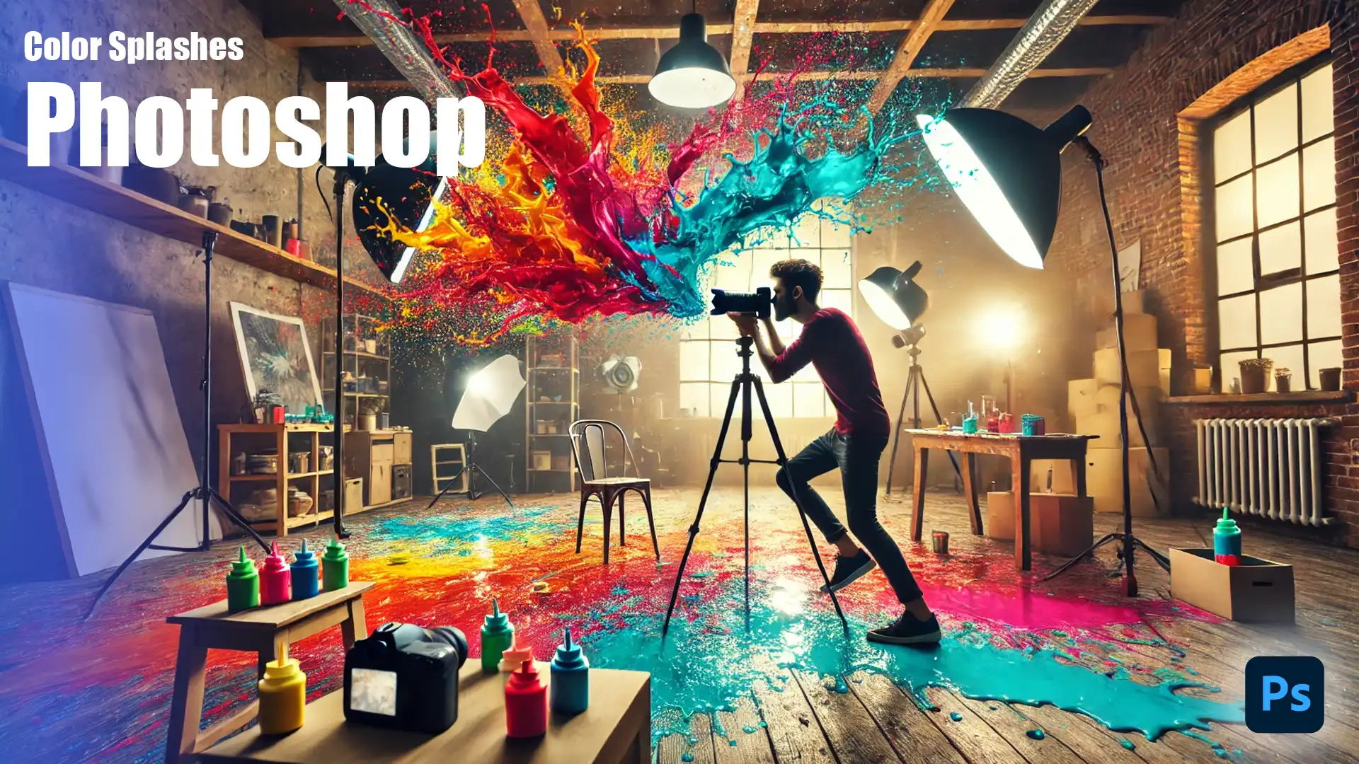 A photographer captures an explosion of colorful paint splashes in a studio setting. The vibrant colors-red, blue, and yellow-burst in mid-air, creating a dynamic and creative scene, showcasing color splashes in Photoshop.