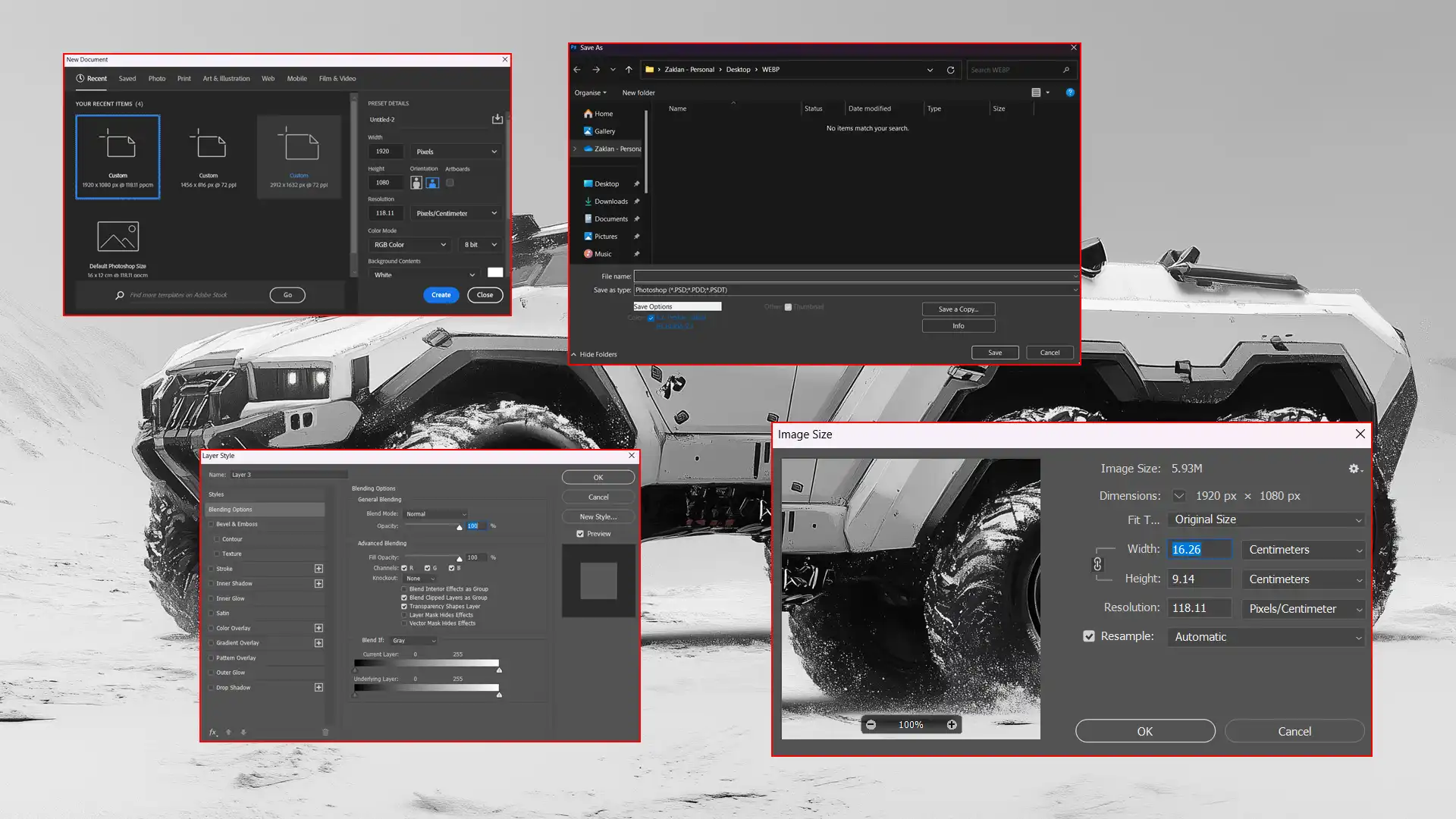 A collage of common dialog boxes, featuring the New Document, Save As, Image Size, and Layer Style windows, with a white vehicle in the background.