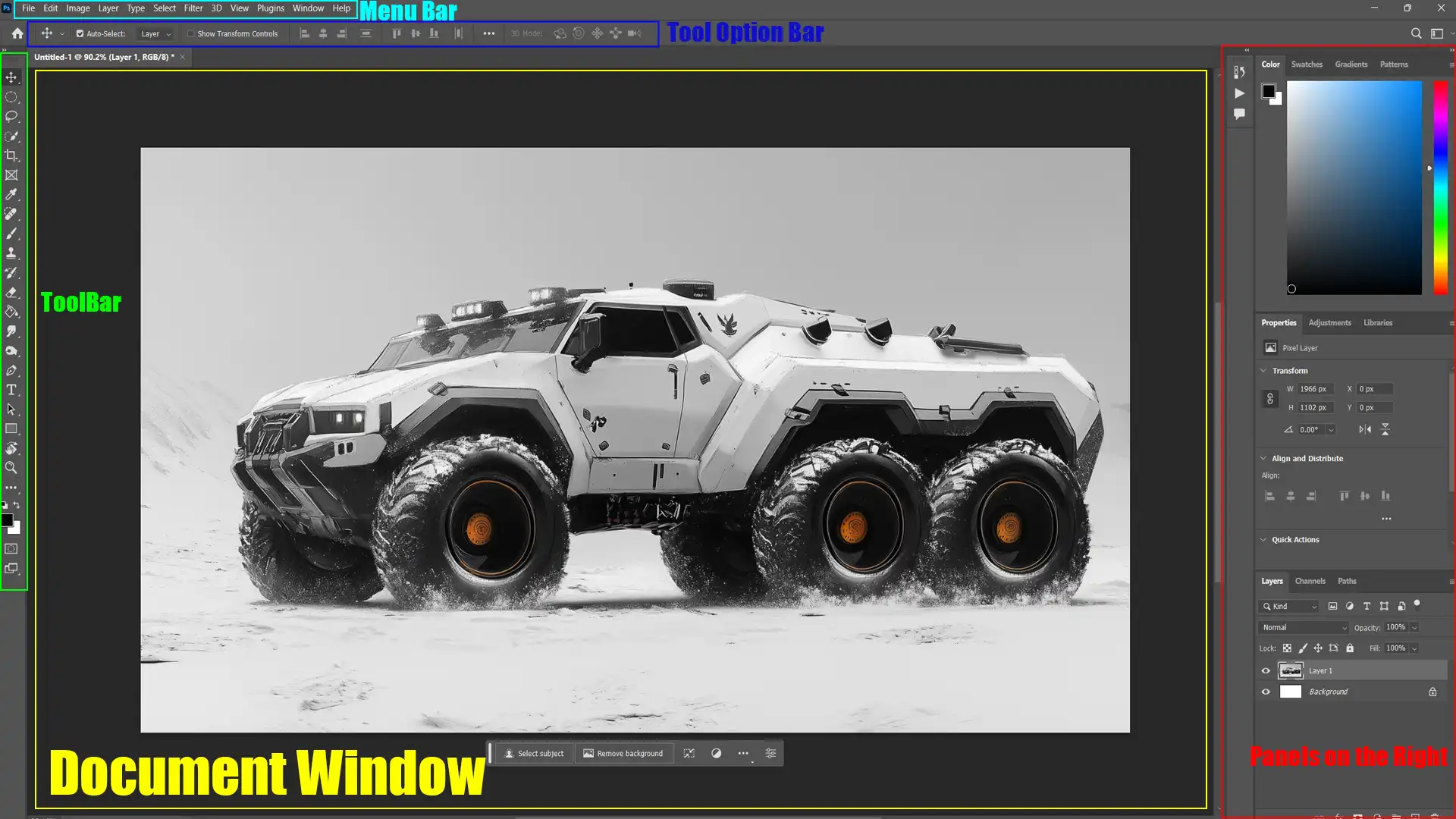 A screenshot of the Photoshop interface showing the Menu Bar, ToolBar, Tool Option Bar, Document Window, and Panels on the Right, with a white vehicle displayed.